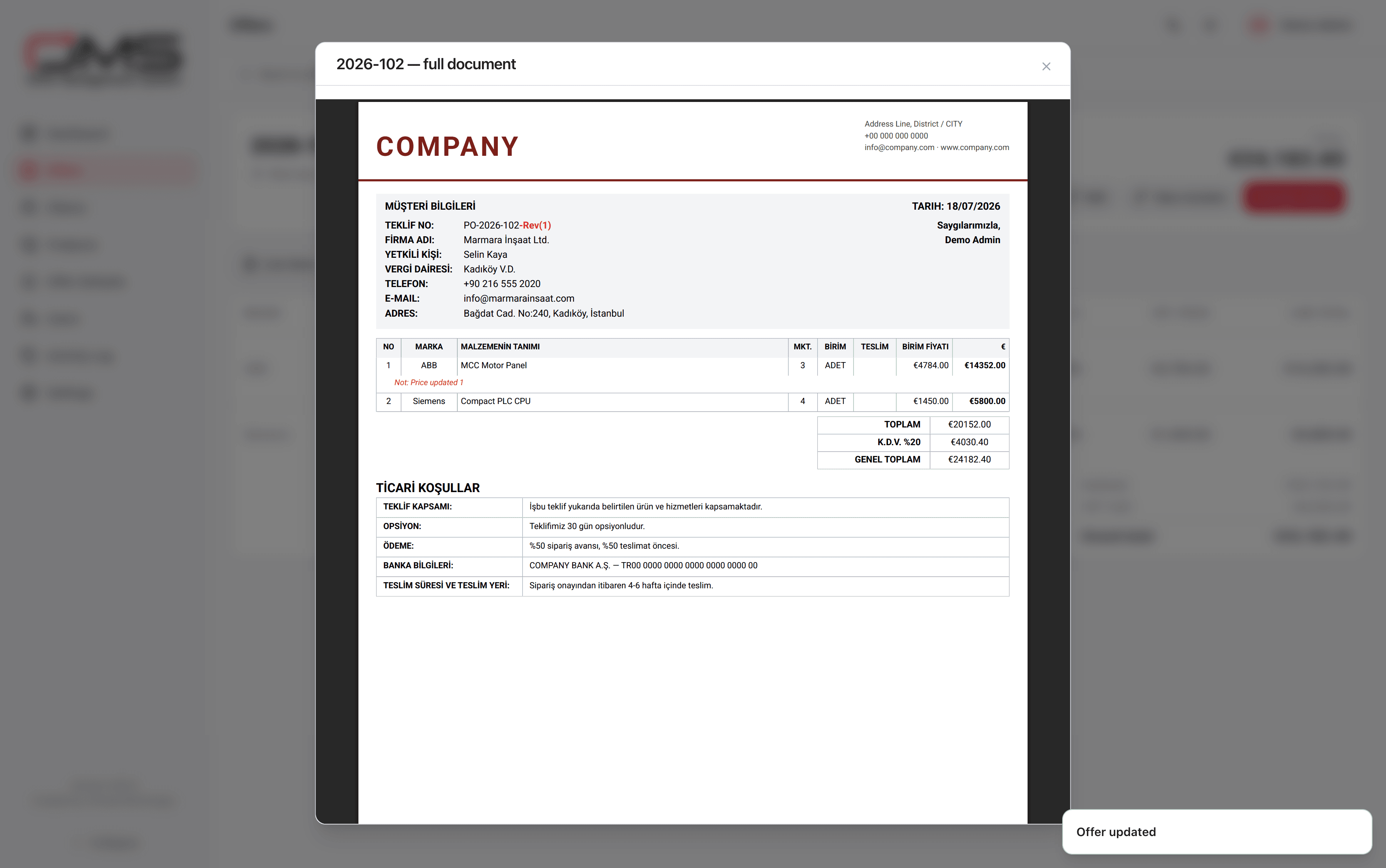 The client-facing PDF, viewable and downloadable, generated on the fly with the latest offer details.
