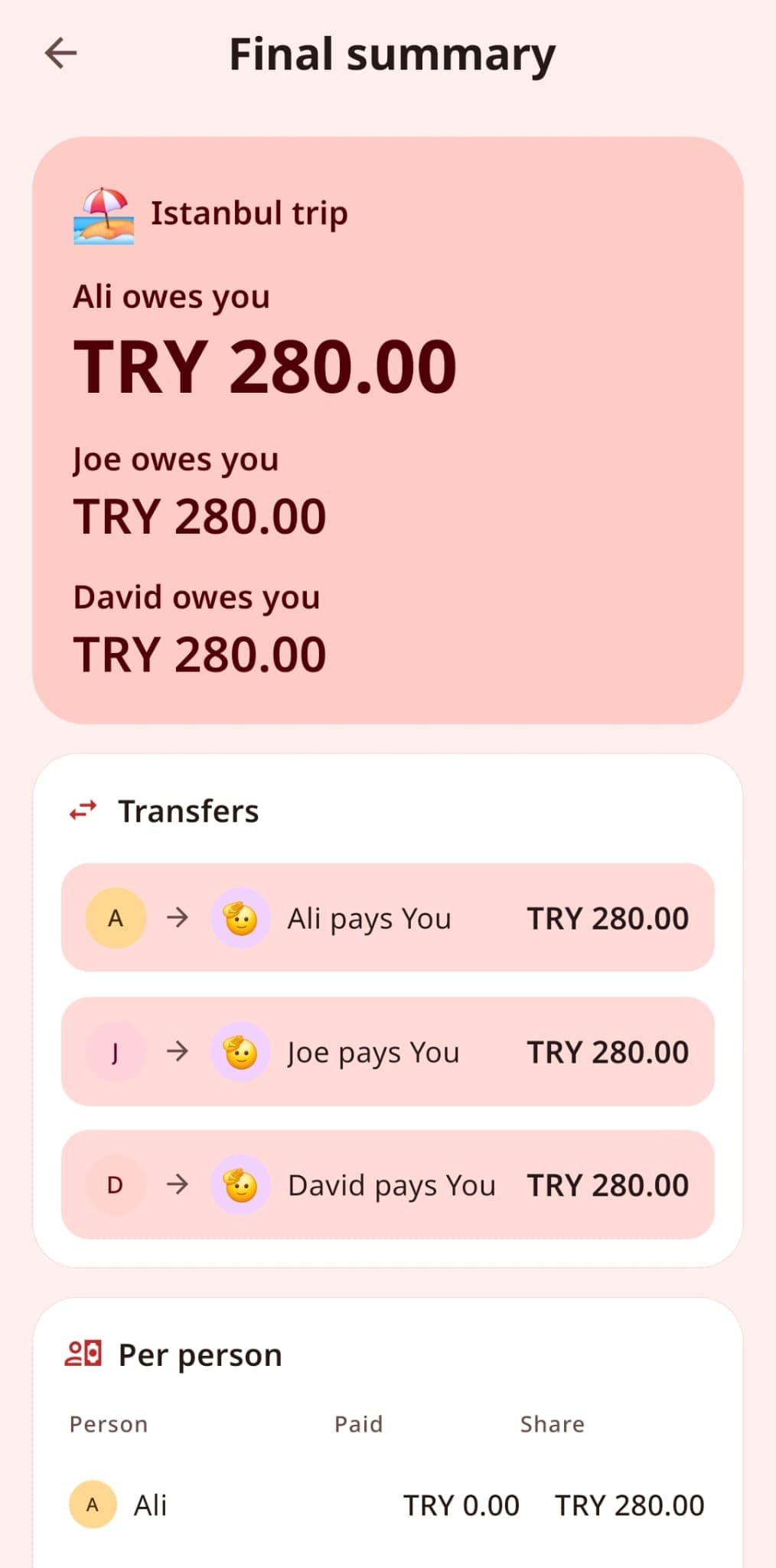 The settlement screen showing the smallest set of transfers needed to zero out the group